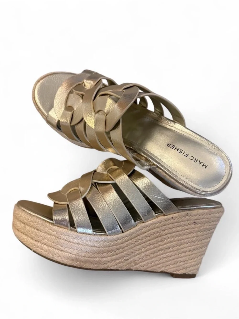 Marc Fisher Metallic Gold Braided Espadrille Wedge Sandals